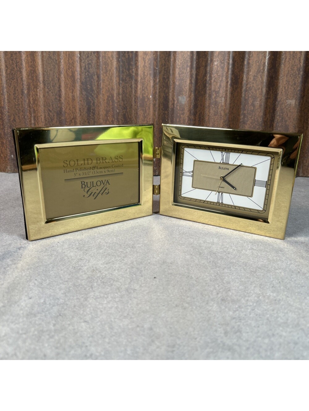 Bulova Hinged Brass Picture Frame 3" × 5" with Quartz Desk Clock - 1304-2O